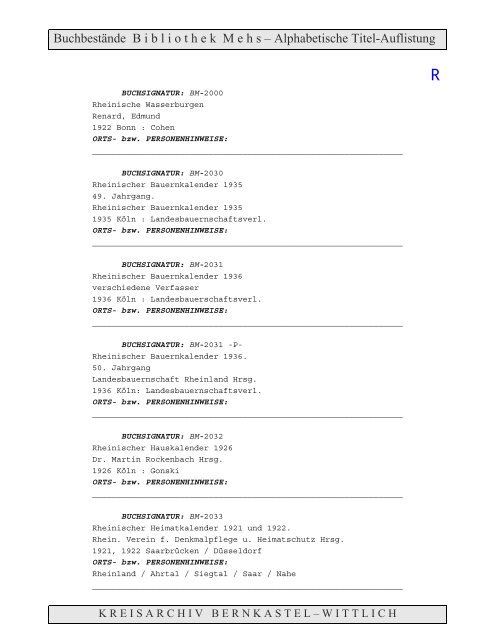 Bestandsverzeichnis der Bibliothek Mehs - Landkreis Bernkastel ...