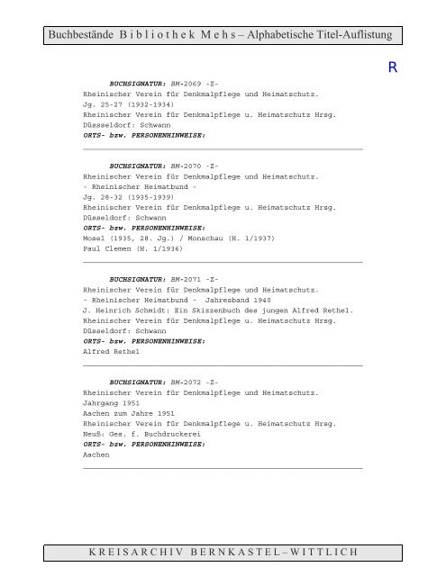 Bestandsverzeichnis der Bibliothek Mehs - Landkreis Bernkastel ...
