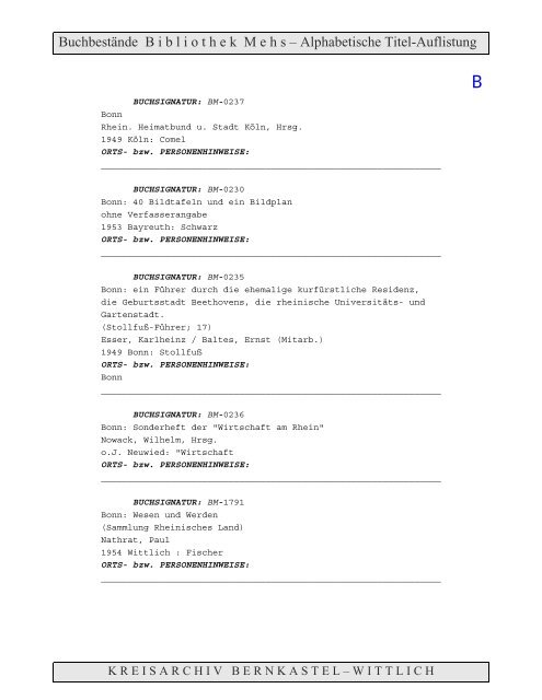 Bestandsverzeichnis der Bibliothek Mehs - Landkreis Bernkastel ...
