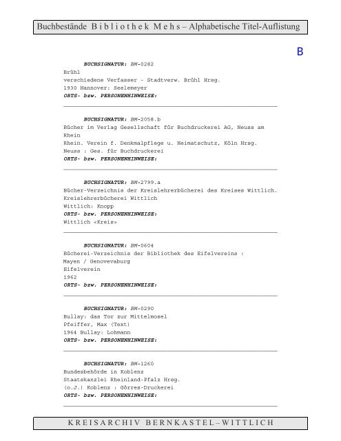 Bestandsverzeichnis der Bibliothek Mehs - Landkreis Bernkastel ...