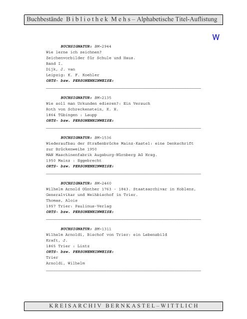 Bestandsverzeichnis der Bibliothek Mehs - Landkreis Bernkastel ...
