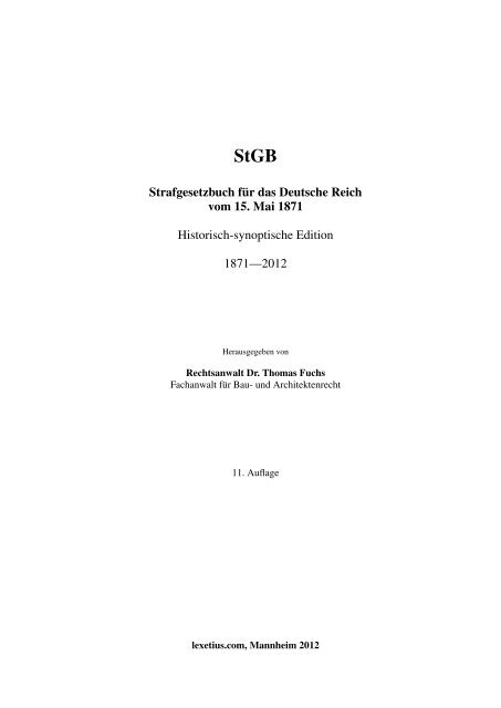 Strafgesetzbuch für das Deutsche Reich vom 15. Mai 1871 ...