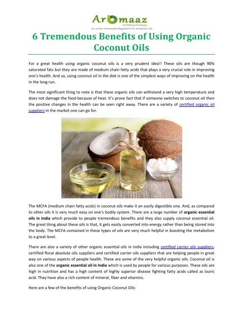 6 Tremendous Benefits of Using Organic Coconut Oils
