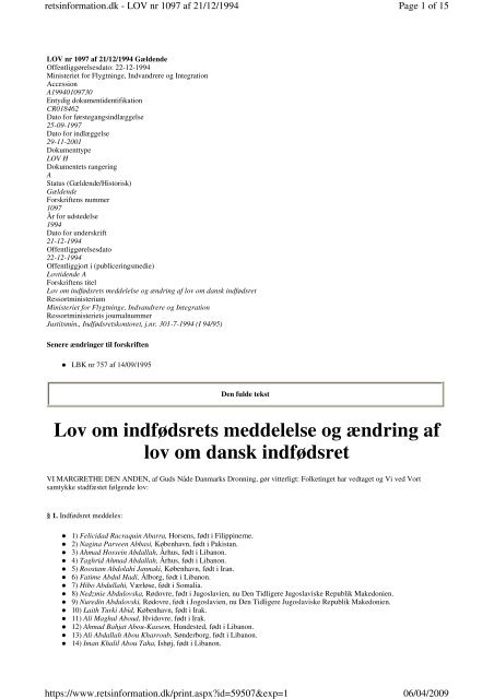 Lov om indfÃ¸dsrets meddelelse og Ã¦ndring af ... - EUDO Citizenship