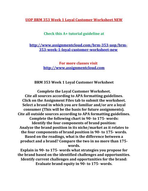 UOP BRM 353 Week 1 Loyal Customer Worksheet NEW