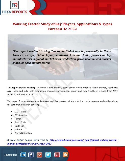 Walking Tractor Study of Key Players, Applications &amp; Types Forecast To 2022