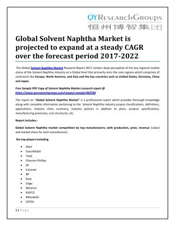 Global Solvent Naphtha Market is projected to expand at a steady CAGR over the forecast period 2017-2022