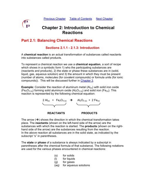 Chapter 2 Short Introduction Chapter 2: Introduction to Chemical Reactions