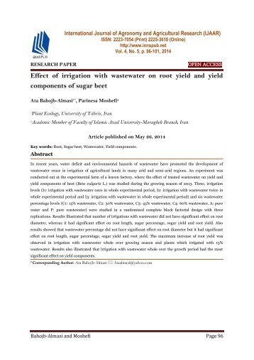 Effect of irrigation with wastewater on root yield and yield components of sugar beet