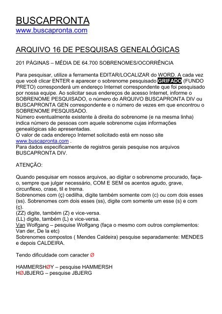 arquivo 16 de pesquisas genealógicas - BUSCA PRONTA