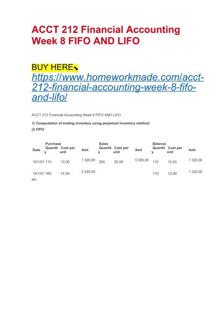 ACCT 212 Financial Accounting Week 8 FIFO AND LIFO