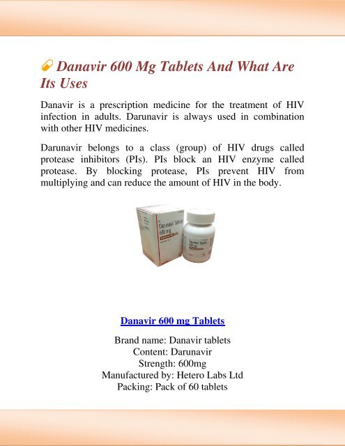 Danavir 600 mg Darunavir Tablets At Wholesale Price |  Generic Darunavir 600mg Tablets