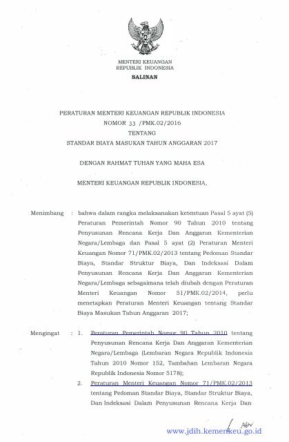 Pmk 33 2016 Standar Biaya Masukan 2017