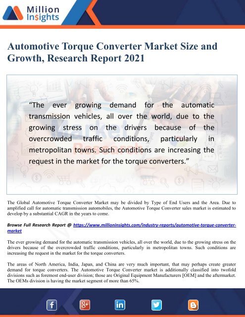 Automotive Torque Converter Market Size and Growth, Research Report 2021