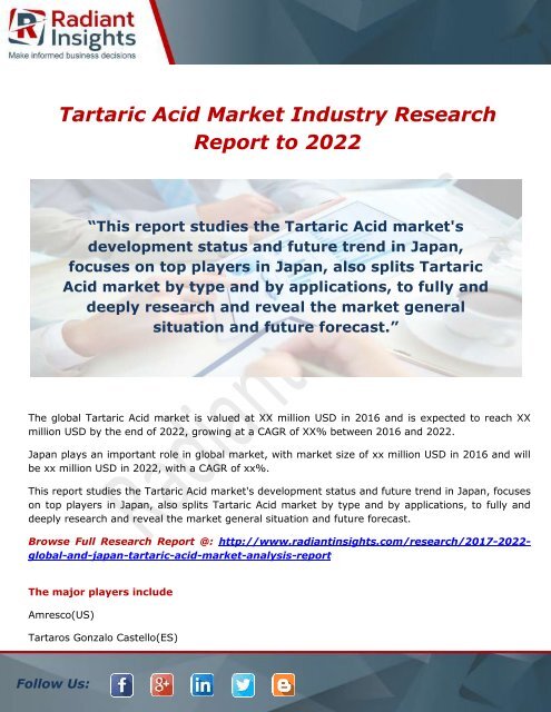 Tartaric Acid Market Forecast, Analysis and Application to 2022 by Radiant Insights,Inc