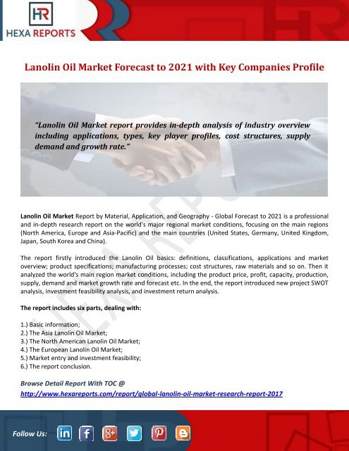 Lanolin Oil Market Forecast to 2021 with Key Companies Profile