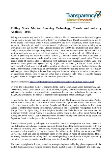 Rolling Stock Market Evolving Technology, Trends and industry Analysis – 2025