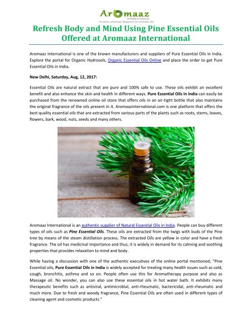 Refresh Body and Mind Using Pine Essential Oils Offered at Aromaaz International