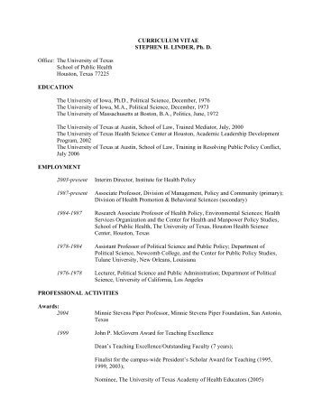 CURRICULUM VITAE STEPHEN H. LINDER, Ph. D. Office: The ...