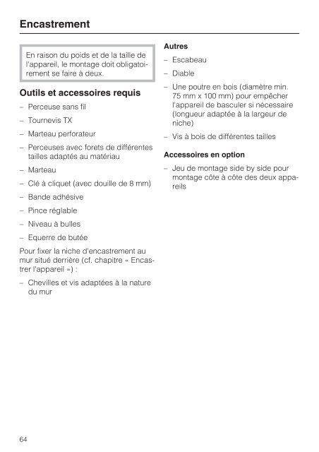 Miele KFN 29132 ws - Mode d'emploi et instructions de montage