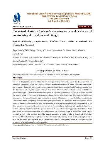 Biocontrol of Rhizoctonia solani causing stem canker disease of potato using rhizosphere mold fungi