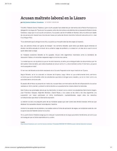 Acusan Maltrato Laboral en La Lazaro - Por Abel Jimenez Cardenas - Periodico El Mexicano - Tijuana, Baja California