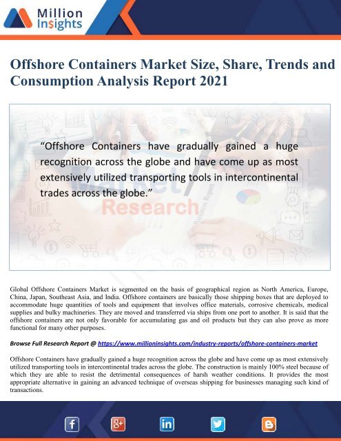 Offshore Containers Market Size, Share, Trends and Consumption Analysis Report 2021