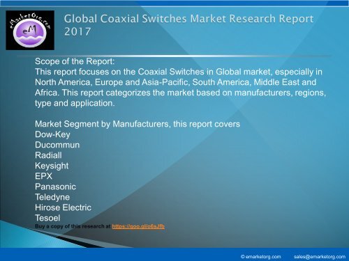 Coaxial Switches Market, Status and Forecast, by Players, Types and Applications by 2017-2022