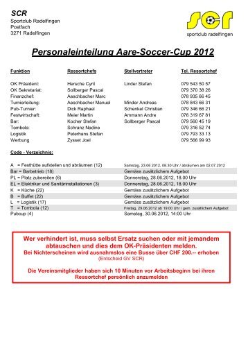 Personaleinteilung Aare-Soccer-Cup 2012 - SC Radelfingen