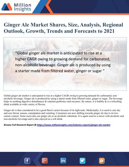 Ginger Ale Market Driver, Trends, Applications and Business Strategy Forecast 2021