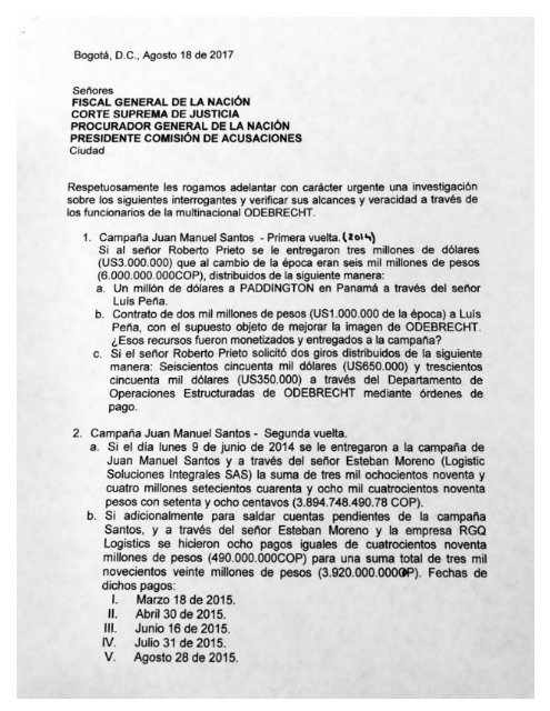 Solicitud por parte de los expresidentes Pastrana y Uribe al fiscal, para investigar supuestos pagos que se habrían hecho a campaña Santos 2014 por parte de Odebrecht