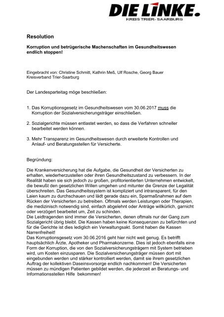 Resolution Korruption und betrügerische Machenschaften im Gesundheitswesen stoppen