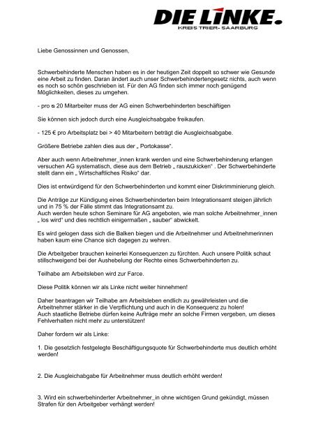Rede Zur Resolution Inklusion Im Arbeitsleben