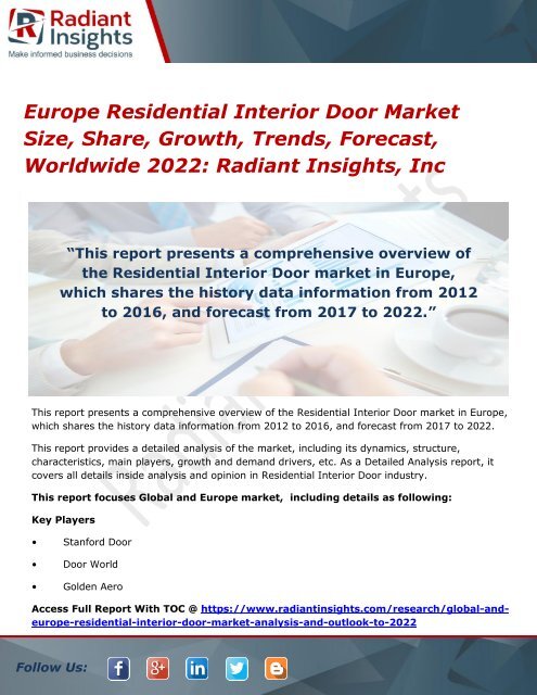 Europe Residential Interior Door Market Size, Share, Growth, Trends, Forecast, Worldwide 2022 Radiant Insights, Inc