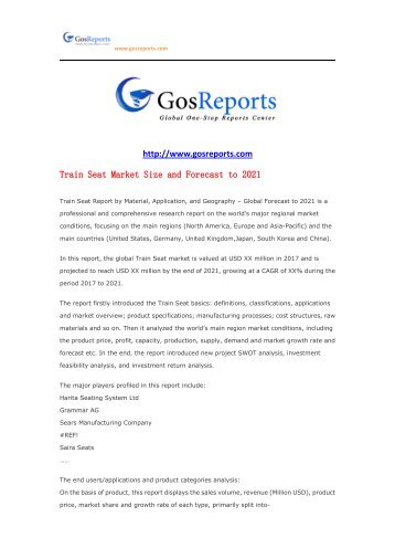 Gosreports Forecast： Train Seat Market Size and Forecast to 2021