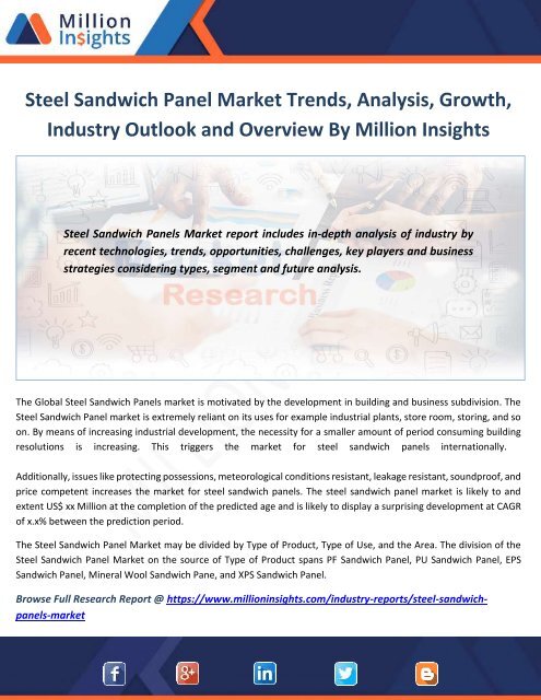 Steel Sandwich Panel Market Trends, Analysis, Growth, Industry Outlook and Overview By Million Insights