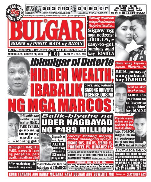 AUGUST 30, 2017 BULGAR: BOSES NG PINOY, MATA NG BAYAN