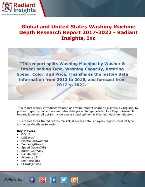 Washing Machine Market Research Report 2017 2022 By Radiant Insights