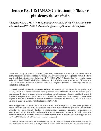 Congresso ESC 2017 LIXIANA® è altrettanto efficace e più sicuro del warfarin