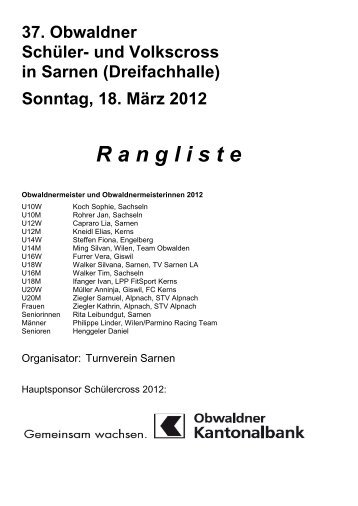 (Dreifachhalle) Sonntag, 18. März 2012 R angliste - TV Sarnen