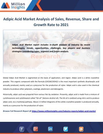 Adipic Acid Market Analysis of Sales, Revenue, Share and Growth Rate to 2021