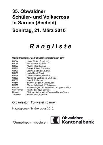 (Seefeld) Sonntag, 21. März 2010 R angliste - TV Sarnen