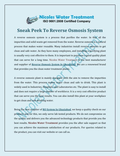 Sneak Peek To Reverse Osmosis System