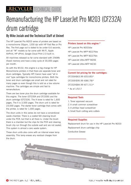 Remanufacturing the HP LaserJet Pro M203 (CF232A) drum cartridge