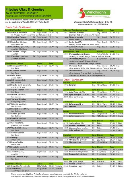 Wochenpreisliste Obst & Gemüse KW36 2017