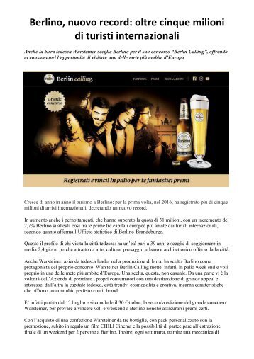 Concorso Birra Warsteiner in palio week end e voli a Berlino