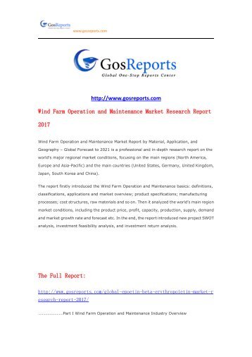 Gosreports Conclusion： Wind Farm Operation and Maintenance Market Research Report 2017