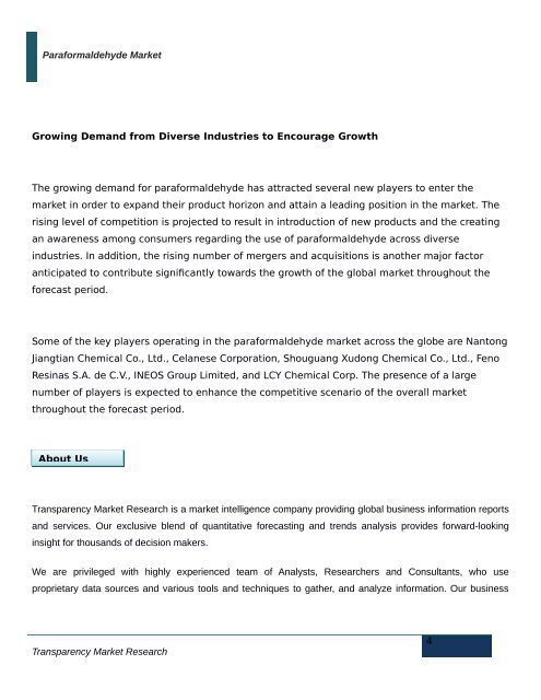 Paraformaldehyde Market : Growth, Demand, Supply, SWOT, Consumption, ROI to 2023