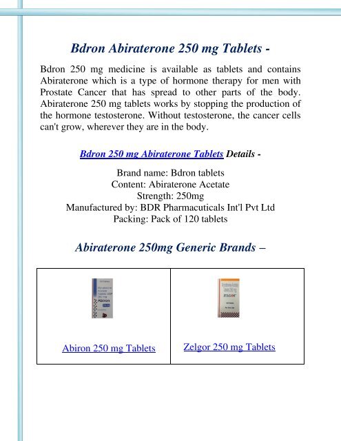 Bdron 250 mg Abiraterone Tablets Price India | Abiraterone 250mg Tablets Wholesaler