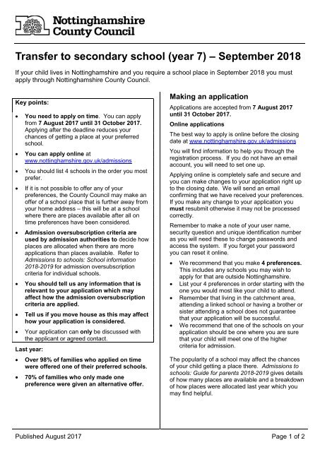 NCC Primary to Seconday transfer (Sept 18) fact sheet